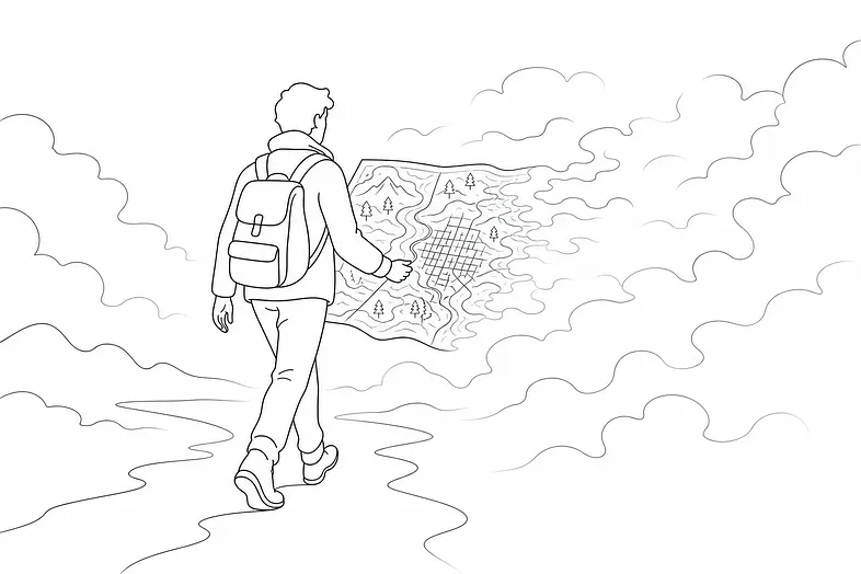 A figure walking confidently into fog, holding a detailed map whose edges dissolve into the mist &mdash; illustrating the boundary where frameworks stop working.
