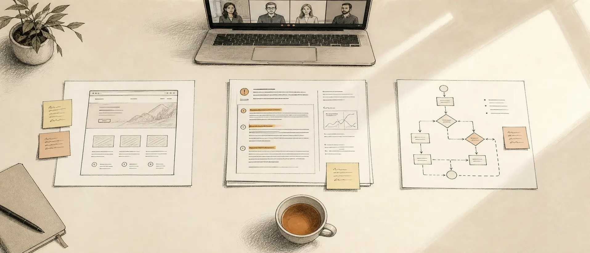 An overhead desk view — a laptop on a remote call, with a wireframe, a marked-up review document and a flow diagram laid out side by side, beside a coffee, a notebook and sticky notes