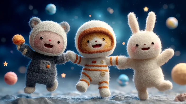 Space-themed felt animals jumping with a dreamy mystical glow added for lighting and mood enhancement