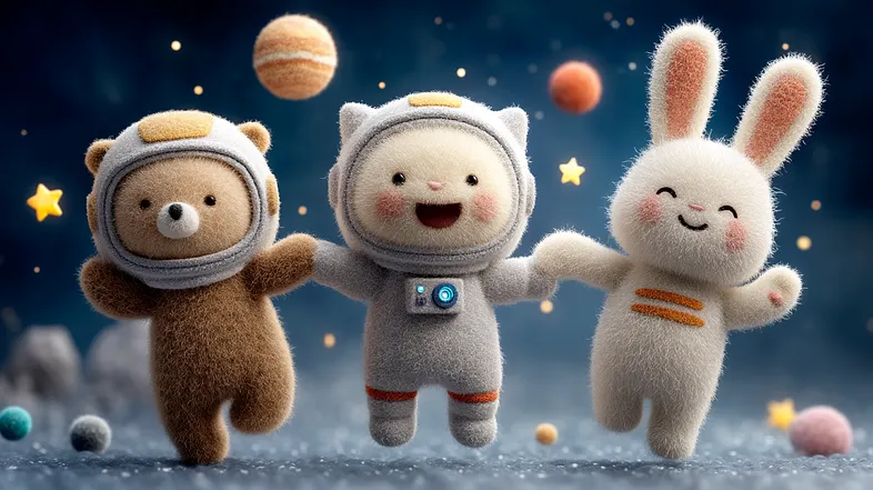 Felt astronaut bear, spaceship-captain cat, and alien bunny jumping in a cosmic background with themed accessories