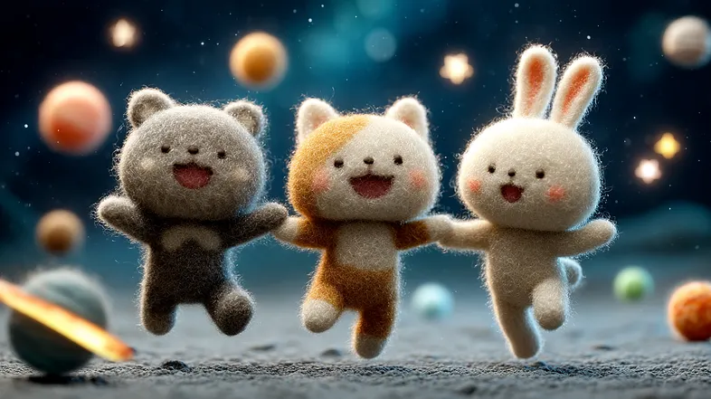 Three felt animals jumping with floating felt stars and mini planets around them, showing how props add storytelling