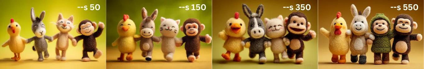 Four felted animals holding hands in a simple studio scene, used to compare lower vs. higher SREF values in MidJourney