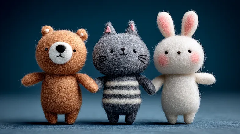 Three felt animals &mdash; bear, cat, and bunny &mdash; standing and holding hands against a dark blue gradient background