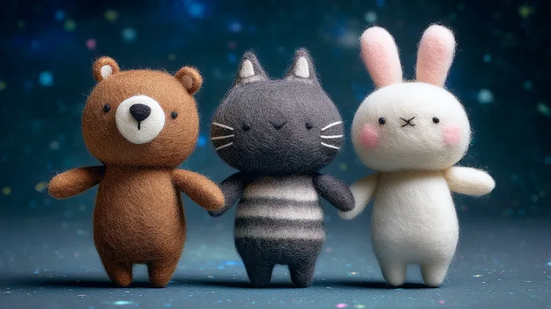 Three felt animals holding hands in a cosmic dark blue background, showing the prompt evolution with added setting details