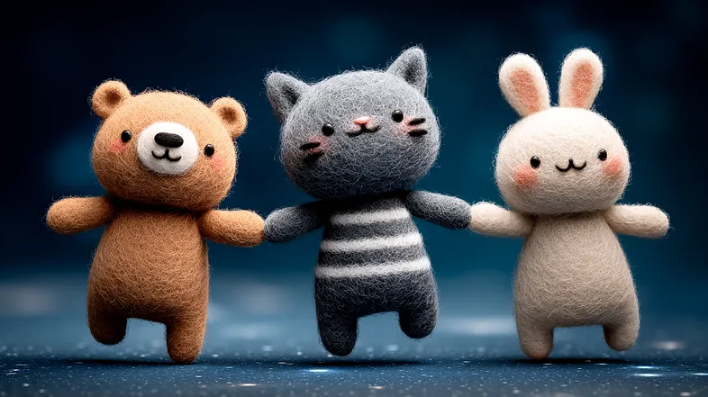 Three felt animals smiling and jumping in zero gravity within a cosmic background, demonstrating added story action