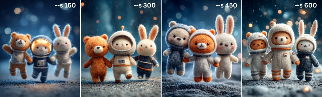Whimsical wool-felted animals in astronaut suits jumping in a cosmic scene, created using a theme-keyword prompt