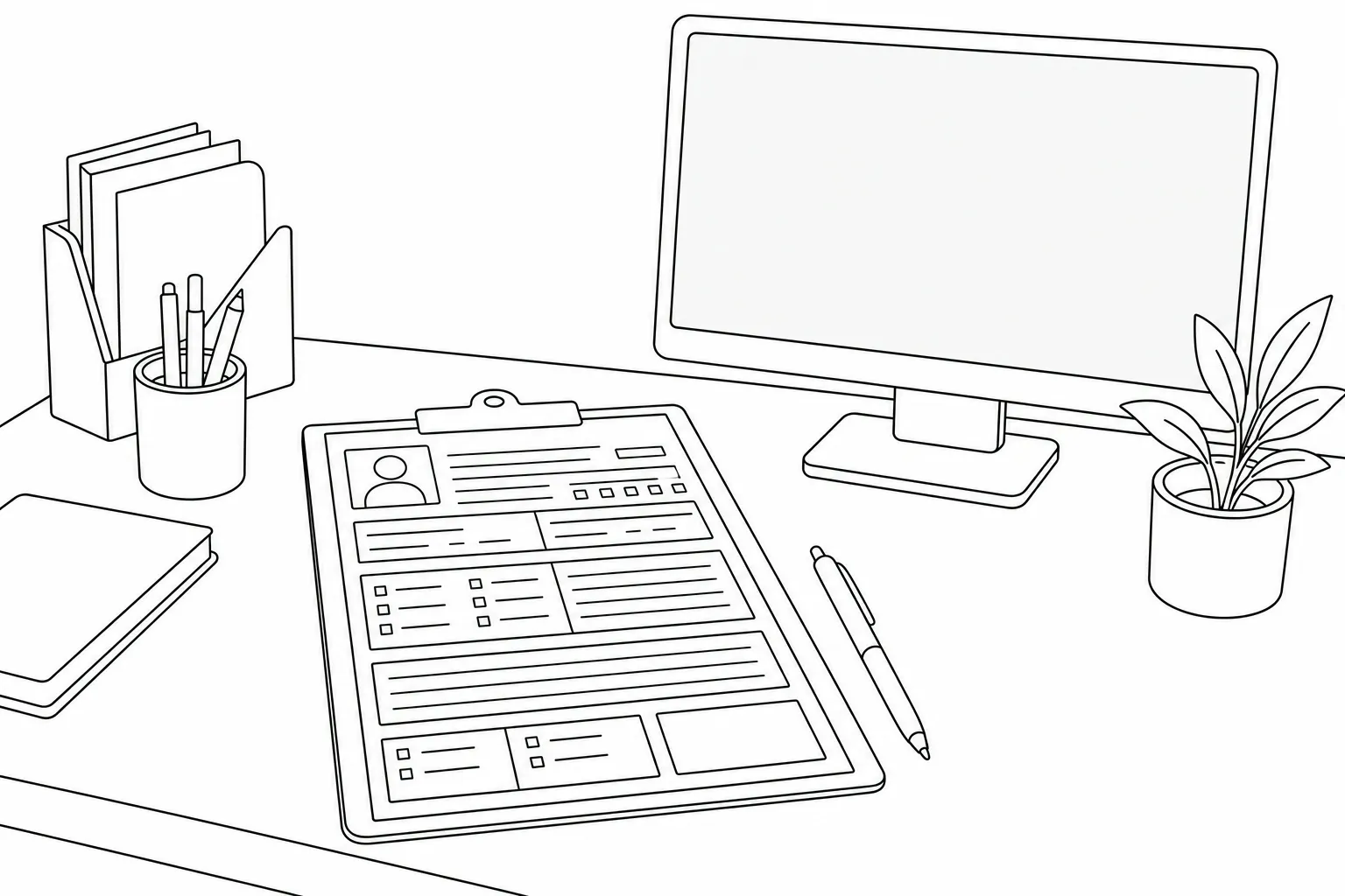 A structured intake form on a desk beside an unlit monitor &mdash; illustrating that the thinking before research begins matters more than the tools.