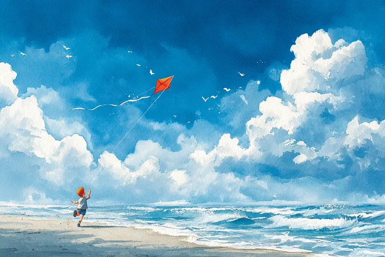 Illustration of a boy running along a windy beach, chasing a kite, wide shot showing the ocean.