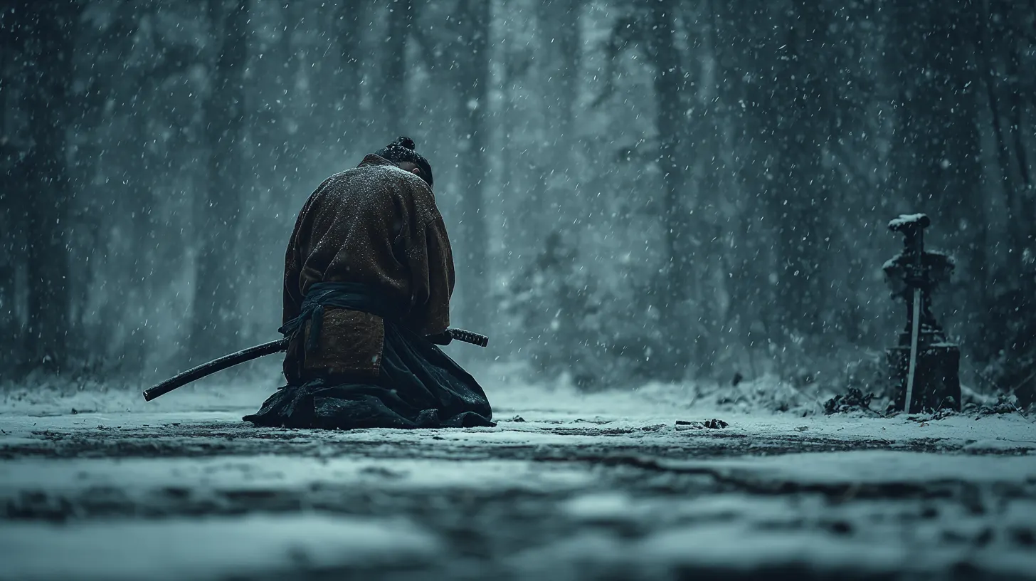 A lone samurai kneels in the snow, head bowed, shot from behind at a low angle.