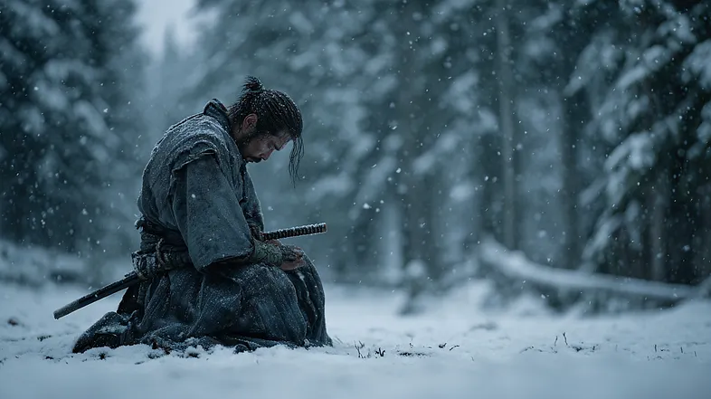 A kneeling samurai in a snow-covered forest, soft snowfall, overcast lighting.
