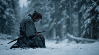 The samurai lifts his head; zoom-in on the face, snow blowing gently.