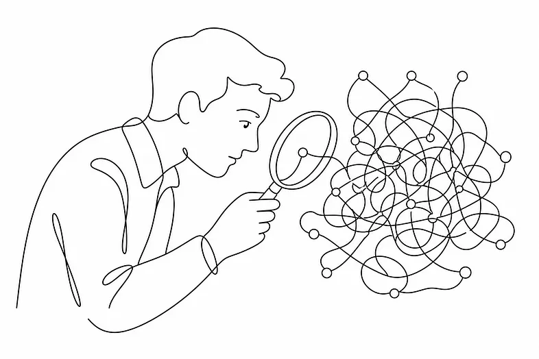 A person holding a magnifying glass, looking closely at a tangled cluster of lines and dots, with one thread slightly highlighted by proximity to the lens &mdash; illustrating instinct as a tool for noticing what matters within complexity.