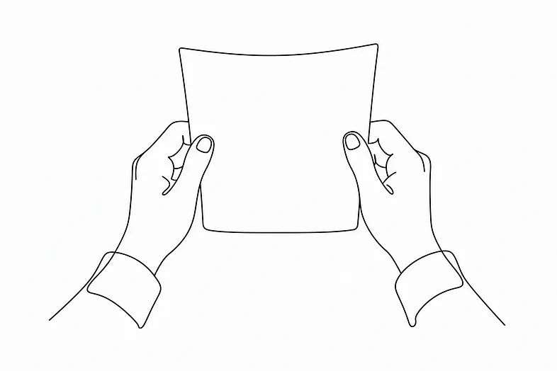 A pair of hands holding a document, paused &mdash; not presenting it, not putting it down &mdash; conveying deliberate stillness and restraint before drawing conclusions.