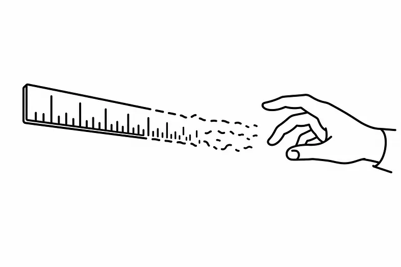 A measuring ruler that dissolves into something soft and unmeasurable at one end, with a hand making a judgement where the ruler runs out.