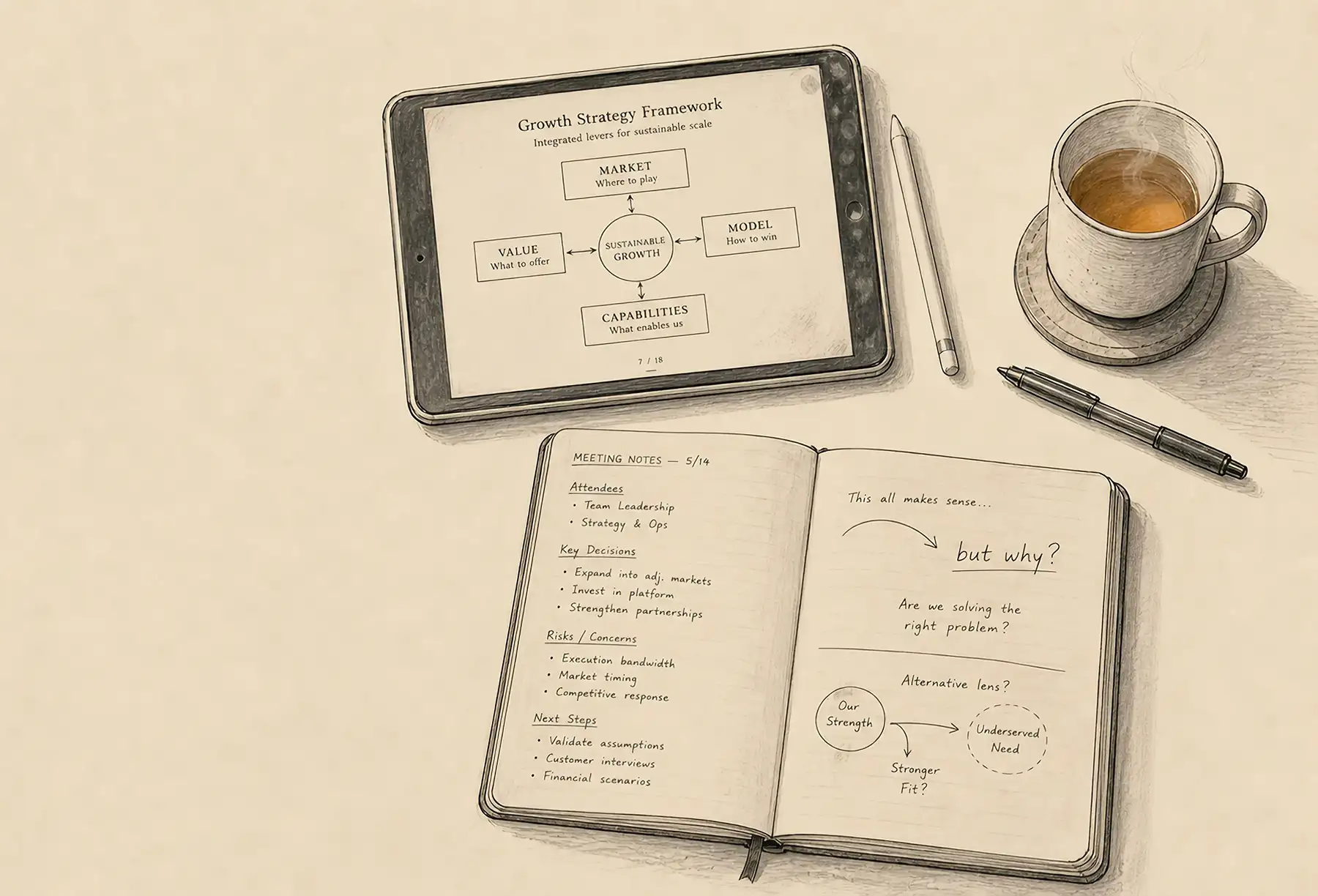 Top-down UX strategist's desk after a meeting — an annotated deck printout, an open notebook with private notes, and a cup of tea still steaming