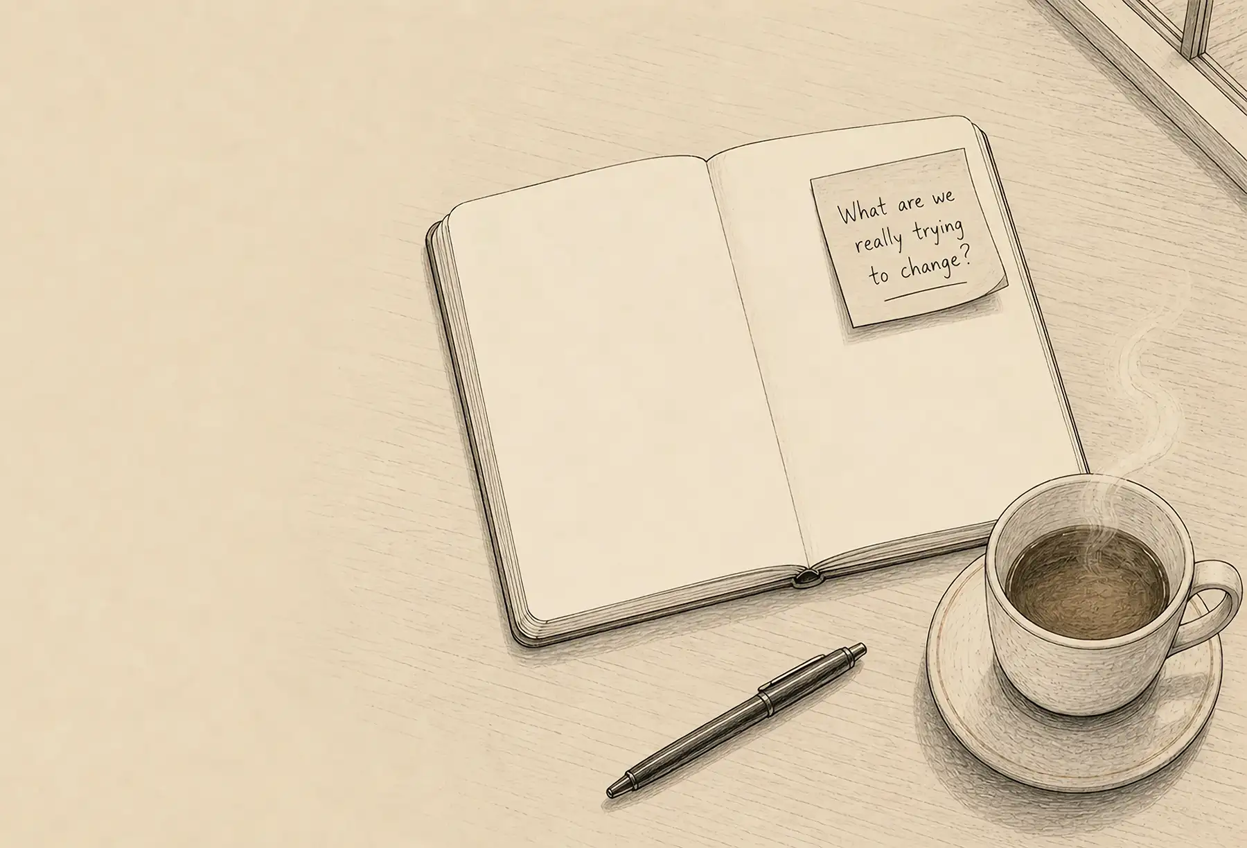 Open notebook and coffee on a quiet morning desk — UX strategist at altimn works upstream, before the brief is written and the team is assembled