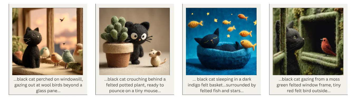 Busy wool-felted scene with multiple animals and props; chaotic colors and textures