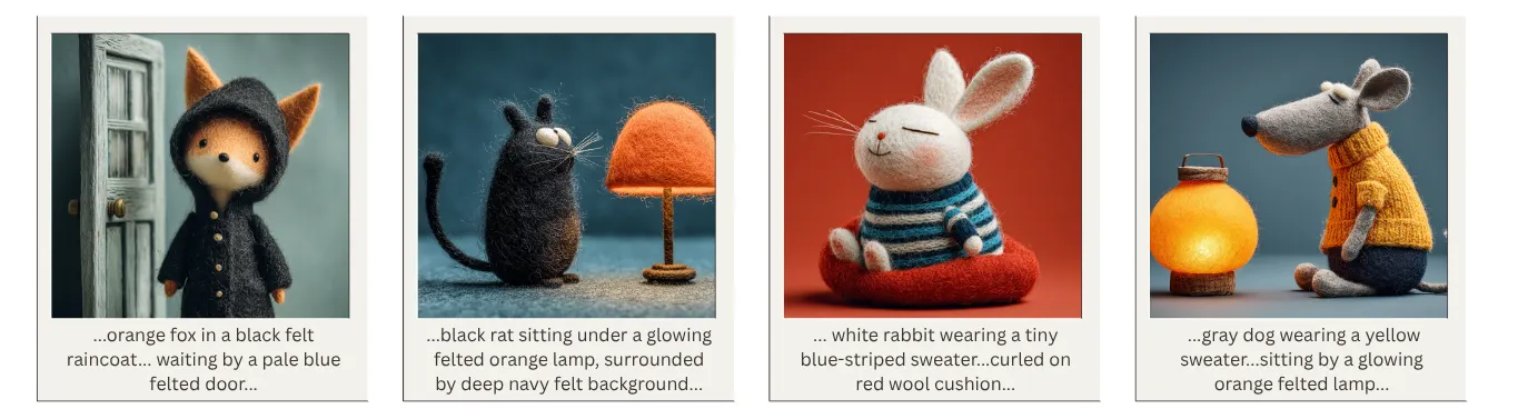 Wool-felted fox, bunny, and dog characters in various poses; inconsistent proportions and expressions