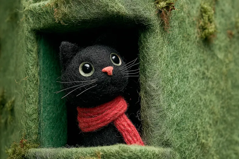Slim wool-felted black cat peeking through a moss-green window, wearing a red scarf