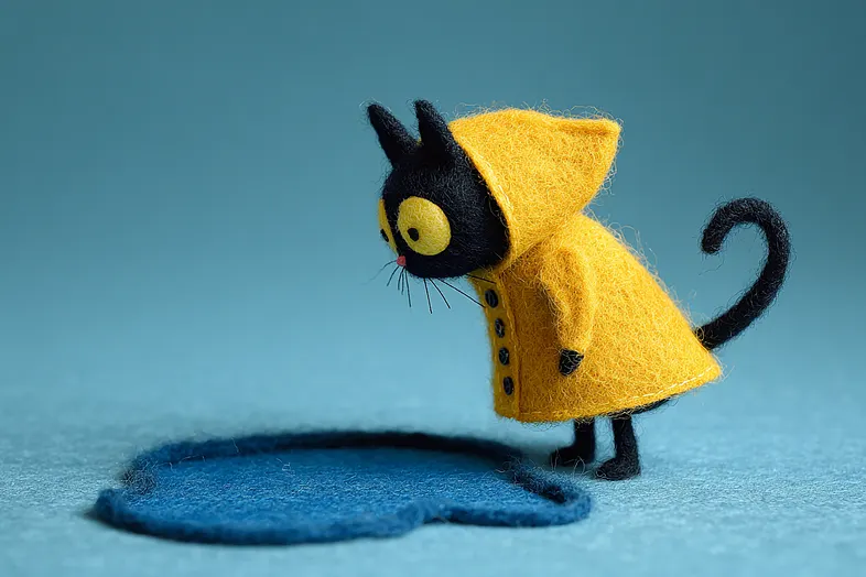 Slim wool-felted black cat in a yellow raincoat peering intently into a small blue felt puddle