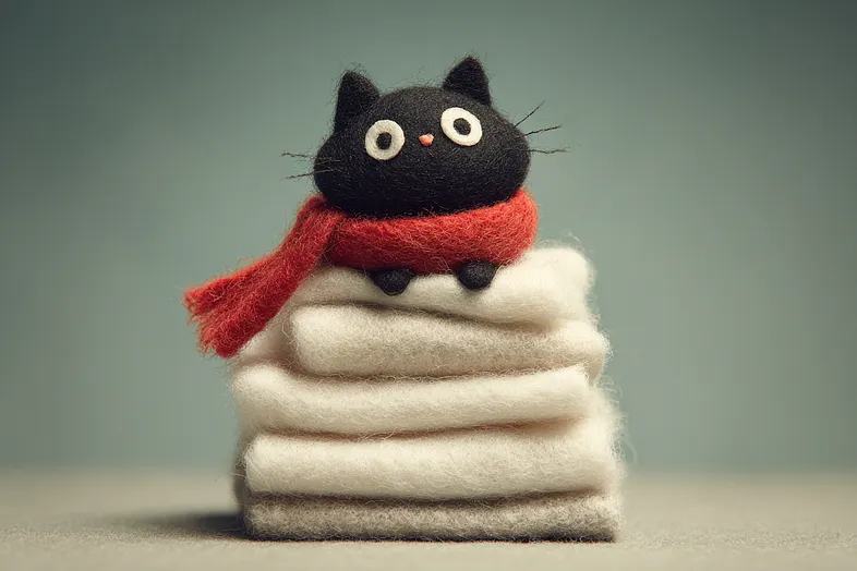 Wool-felted black cat wearing a red scarf nestled in a pile of white felted laundry