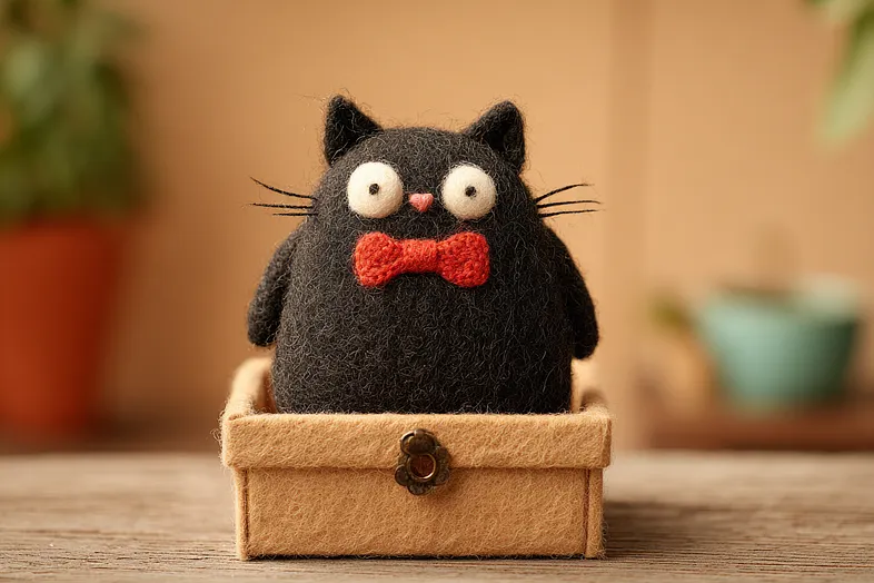 Chubby wool-felted black cat wearing a red bowtie attempting to fit into a tiny tan felted box
