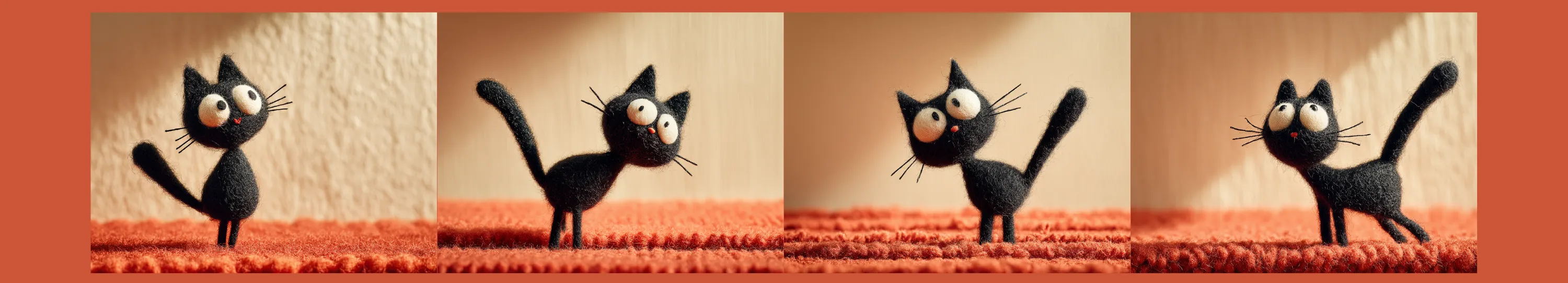 A wool-felted black cat in a playful stop-motion-style scene