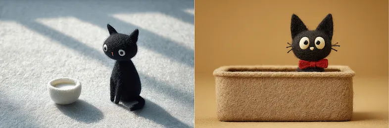 Slim black wool-felted cat wearing a red scarf, playful posture