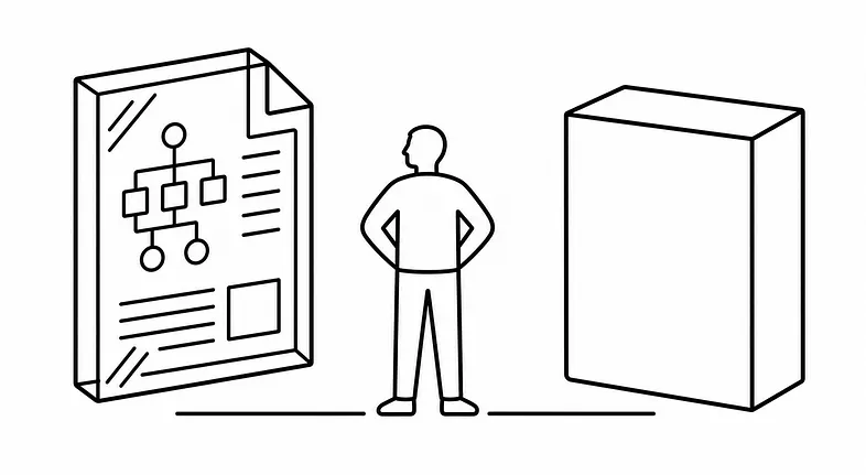 A human figure standing between a transparent, readable page and a closed opaque box, illustrating the gap between a shared source file and an AI&rsquo;s hidden reasoning.