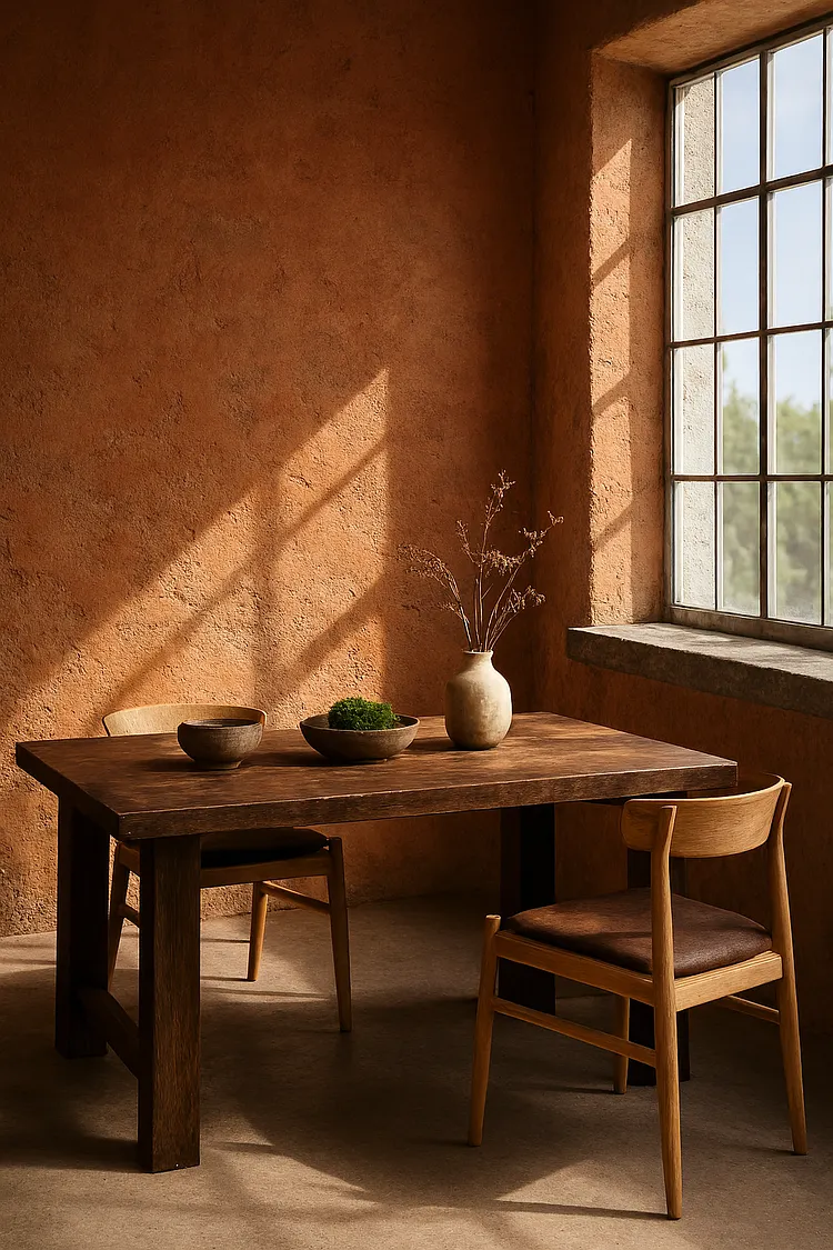 DALL-E-generated Wabi-Sabi interior interpreting the structured JSON prompt with smoother textures
