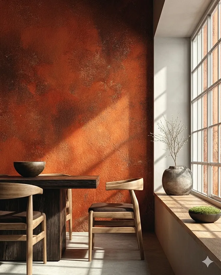AI-generated Wabi-Sabi interior with white window frames and light wooden chairs after JSON blueprint modification
