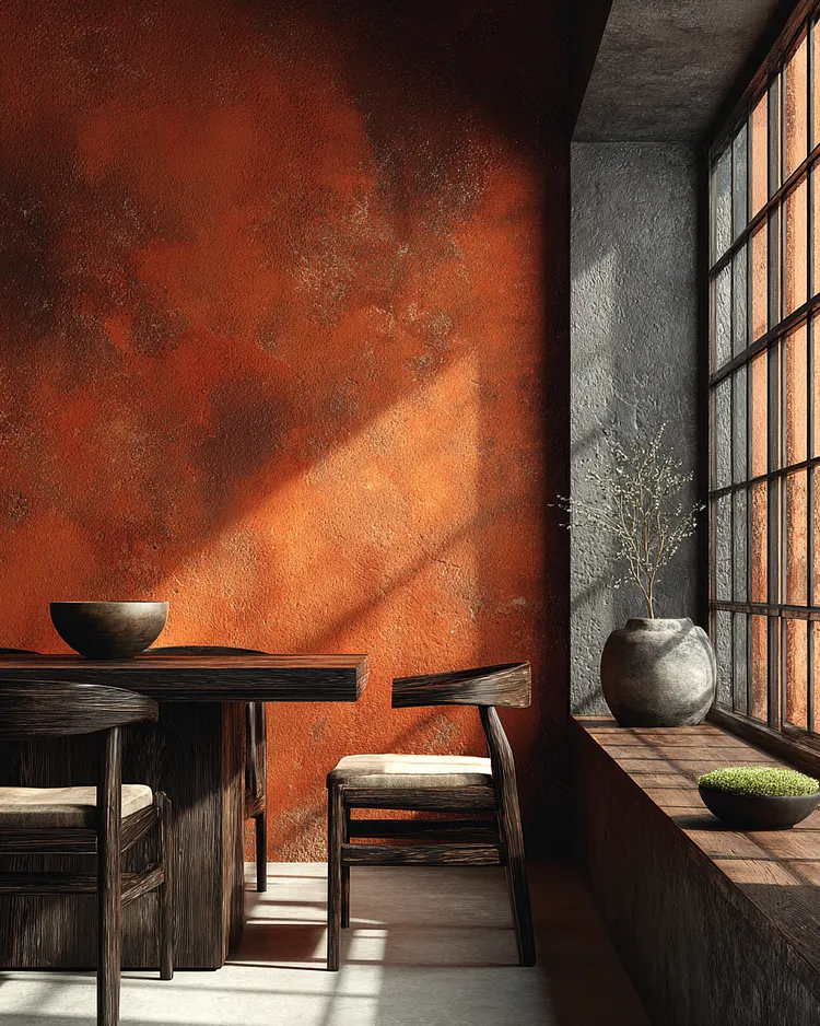 Wabi-Sabi terracotta interior reference image used for reverse-engineering an architectural JSON structure