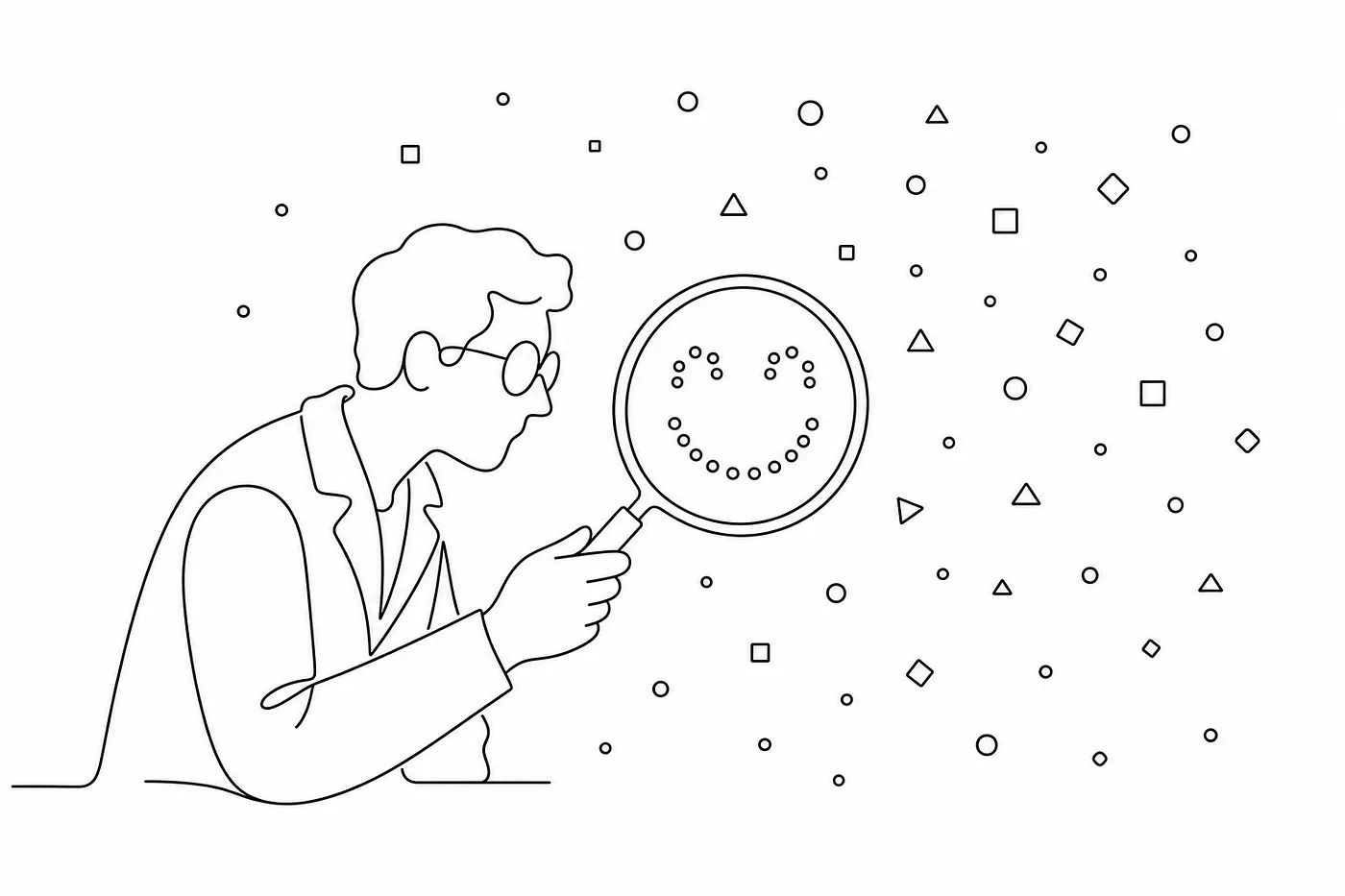 A researcher holding a magnifying glass that highlights only a smiley face among scattered geometric shapes &mdash; illustrating confirmation bias in research.