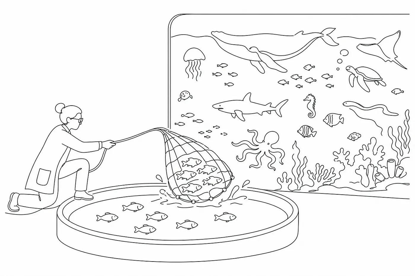 A researcher casting a net into a small pond catching identical fish, while a vast ocean full of diverse creatures sits just beyond &mdash; illustrating the limits of convenience sampling.