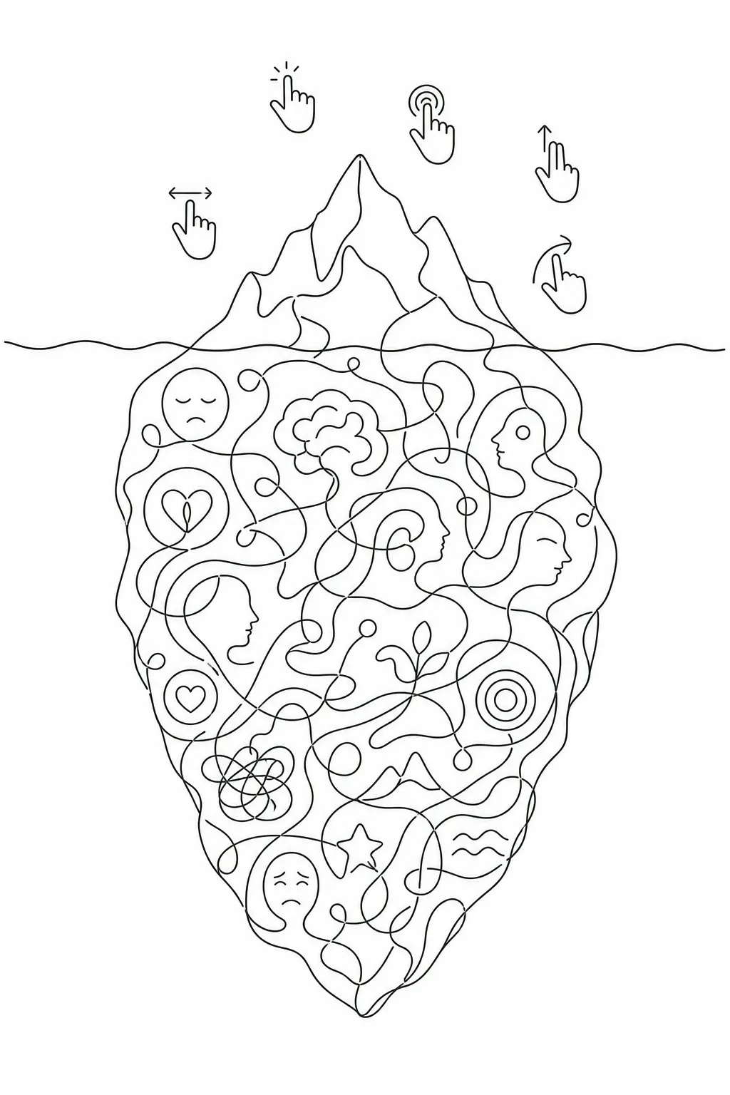 An iceberg showing simple user interaction icons above the waterline and a complex web of emotions and motivations below &mdash; illustrating the hidden layers of user behaviour.