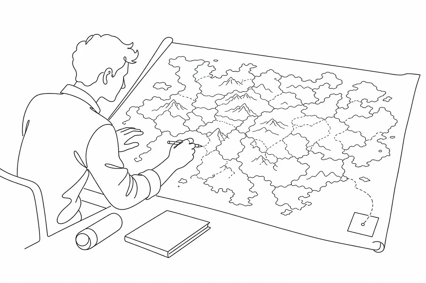 A person drawing an elaborate map from a single data point on a small piece of paper &mdash; illustrating overconfident application of research findings.